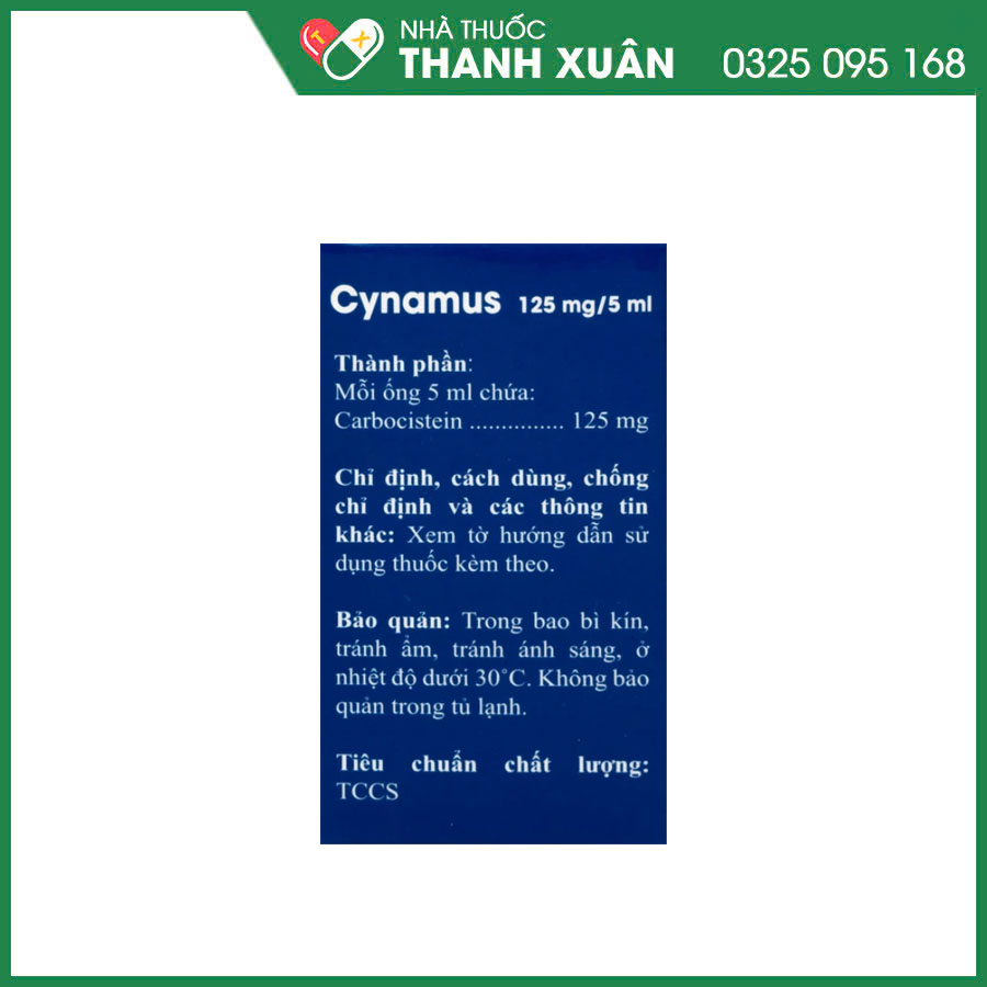 Cynamus 125mg/5ml điều trị ho có đờm, tăng tiết nhiều đờm và nhầy nhớt trong đường hô hấp trên